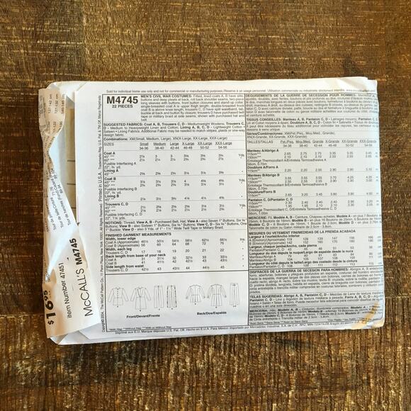 McCalls Sewing Pattern M4745 Mens Civil War 1860s Costume Jacket Trouser UNCUT - Picture 2 of 3